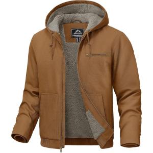 imageTACVASEN Mens Winter Work Jacket Sherpa Fleece Lined Heavyweight Washed Duck Canvas Cotton Jacket WaterRepellent HoodedBrown Yellow