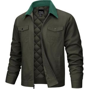 imageTACVASEN Mens Casual Quilted Cotton Jacket Cargo Corduroy Collar Jacket Work Shacket with 5 Pockets for Fall and WinterGreen