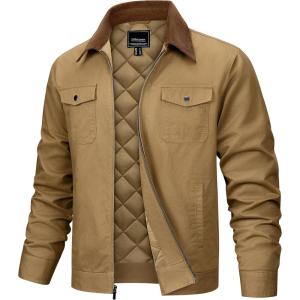 imageTACVASEN Mens Casual Quilted Cotton Jacket Cargo Corduroy Collar Jacket Work Shacket with 5 Pockets for Fall and WinterKhaki