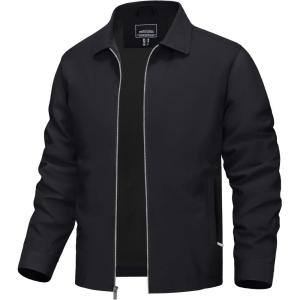 imageTACVASEN Mens Lightweight Windbreaker Full Zip Up Laydown Collar Jackets Light Casual Coat with Zip PocketsBlack