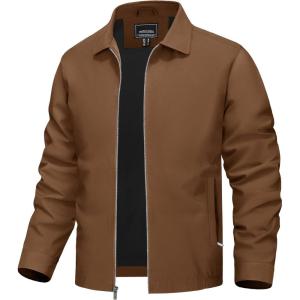 imageTACVASEN Mens Lightweight Windbreaker Full Zip Up Laydown Collar Jackets Light Casual Coat with Zip PocketsBrown