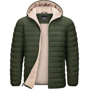 imageTACVASEN Mens Puffer Jacket Hooded Sherpa Lined Water Resistant Windproof Insulated Jacket Warm Winter Puffy CoatArmy Green