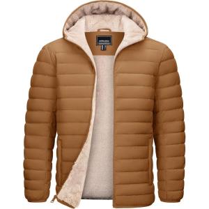 imageTACVASEN Mens Puffer Jacket Hooded Sherpa Lined Water Resistant Windproof Insulated Jacket Warm Winter Puffy CoatLight Brown