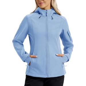 imageTACVASEN Womens Waterproof Softshell Jacket with Hood Fleece Lined Warm Light Raincoat for Outdoor HikingLight Blue