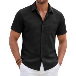 image:imageTACVASEN Mens Button Down Shirts Short Sleeve Textured Casual Summer Beach Shirt with PocketBlack