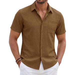 image:imageTACVASEN Mens Button Down Shirts Short Sleeve Textured Casual Summer Beach Shirt with PocketDark Brown