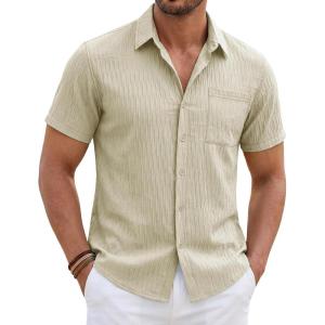 image:imageTACVASEN Mens Button Down Shirts Short Sleeve Textured Casual Summer Beach Shirt with PocketLight Apricot