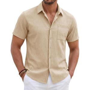 image:imageTACVASEN Mens Button Down Shirts Short Sleeve Textured Casual Summer Beach Shirt with PocketLight Khaki