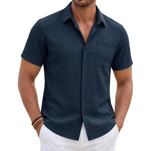 image:imageTACVASEN Mens Button Down Shirts Short Sleeve Textured Casual Summer Beach Shirt with PocketNavy