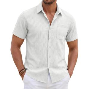 image:imageTACVASEN Mens Button Down Shirts Short Sleeve Textured Casual Summer Beach Shirt with PocketWhite