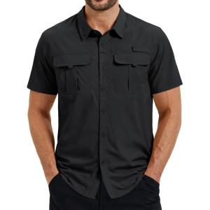 image:imageTACVASEN Mens Fishing Shirt with Pockets UPF50 Quick Dry Breathable Short Sleeve Button Down Sun Shirt for Work TacticalBlack