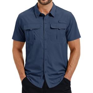 image:imageTACVASEN Mens Fishing Shirt with Pockets UPF50 Quick Dry Breathable Short Sleeve Button Down Sun Shirt for Work TacticalCharblue