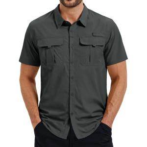 image:imageTACVASEN Mens Fishing Shirt with Pockets UPF50 Quick Dry Breathable Short Sleeve Button Down Sun Shirt for Work TacticalDgrey