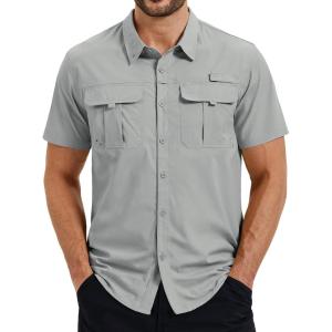 image:imageTACVASEN Mens Fishing Shirt with Pockets UPF50 Quick Dry Breathable Short Sleeve Button Down Sun Shirt for Work TacticalLightgrey