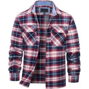 image:imageTACVASEN Mens Flannel Shirts Lightweight Cotton Button Down Long Sleeve Shirt Casual Plaid Pocket Shirts OutdoorRed White