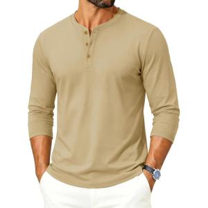 image:imageTACVASEN Mens Long Sleeve Henley Shirts 3Button Moisture Wicking Tee Solid Color Soft Basic Casual Tshirt09 Khaki