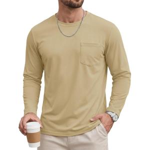 image:imageTACVASEN Mens Long Sleeve TShirts Casual Crewneck Pocket Tshirt Moisture Wicking Soft Plain Basic Classic Pullover TeeKhaki
