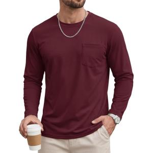 image:imageTACVASEN Mens Long Sleeve TShirts Casual Crewneck Pocket Tshirt Moisture Wicking Soft Plain Basic Classic Pullover TeeWine Red