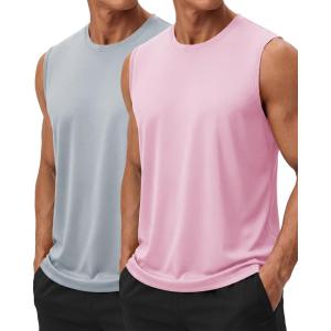 image:imageTACVASEN Sleeveless Shirts for Men 2 Pack Quick Dry Tank Tops Lightweight UPF 50 Running Gym Workout Muscle ShirtsPinkLight Grey