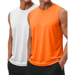 image:imageTACVASEN Sleeveless Shirts for Men 2 Pack Quick Dry Tank Tops Lightweight UPF 50 Running Gym Workout Muscle ShirtsWhiteOrange
