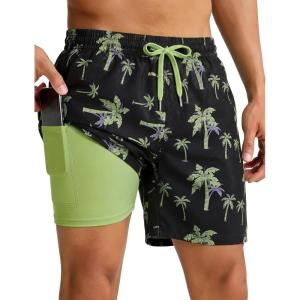 image:imageTACVASEN Mens Swim Trunks with Compression Liner 7 Inch Bathing Suit Board Shorts Quick Dry with Mesh PocketsPalm