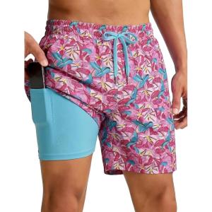 image:imageTACVASEN Mens Swim Trunks with Compression Liner 7 Inch Bathing Suit Board Shorts Quick Dry with Mesh PocketsPinkfloral