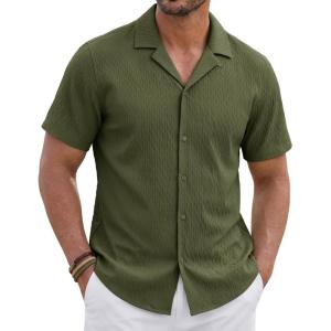 image:imageTACVASEN Mens Short Sleeve Button Down Shirt Casual Cuban Guayabera Shirt Summer Beach Vacation ShirtsArmy Green