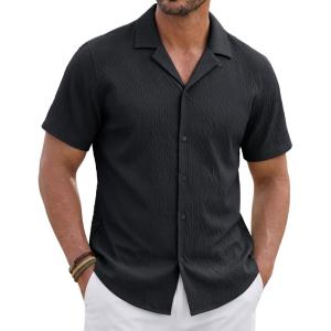 image:imageTACVASEN Mens Short Sleeve Button Down Shirt Casual Cuban Guayabera Shirt Summer Beach Vacation ShirtsBlack