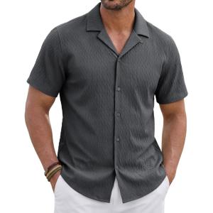 image:imageTACVASEN Mens Short Sleeve Button Down Shirt Casual Cuban Guayabera Shirt Summer Beach Vacation ShirtsDark Grey