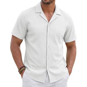 image:imageTACVASEN Mens Short Sleeve Button Down Shirt Casual Cuban Guayabera Shirt Summer Beach Vacation ShirtsWhite