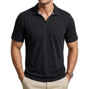 image:imageTACVASEN Mens Polo Shirts V Neck Short Sleeve Knitted Golf T Shirts Collared Summer Vacation Tops Johnny Collar PoloBlack