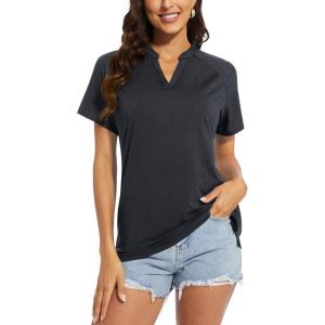 image:imageTACVASEN V Neck Polo Shirts for Women Short Sleeve Sun Protection Gym Yoga Top Shirts Lightweight Collarless Tennis T ShirtsBlack