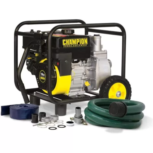 imageChampion Power Equipment 2Inch GasPowered SemiTrash Water Transfer Pump with Hose and Wheel Kit2 Semi Trash  196cc Engine  09 Gal