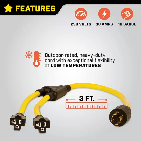 imageChampion 3Foot 30Amp 125250Volt Generator YAdapter L1430P to two 520R
