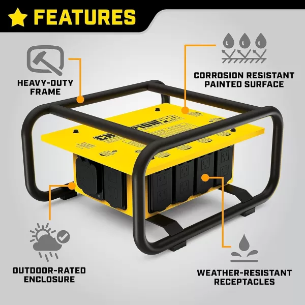 imageChampion Power Equipment 201174 Pro Grade OSHA Compliant Power Distribution Box 50Amp Twist Lock Inlet Six 120V GFCI Duplexes One 120240V 30A Locking Outlet 30A and 50A RV Adapters