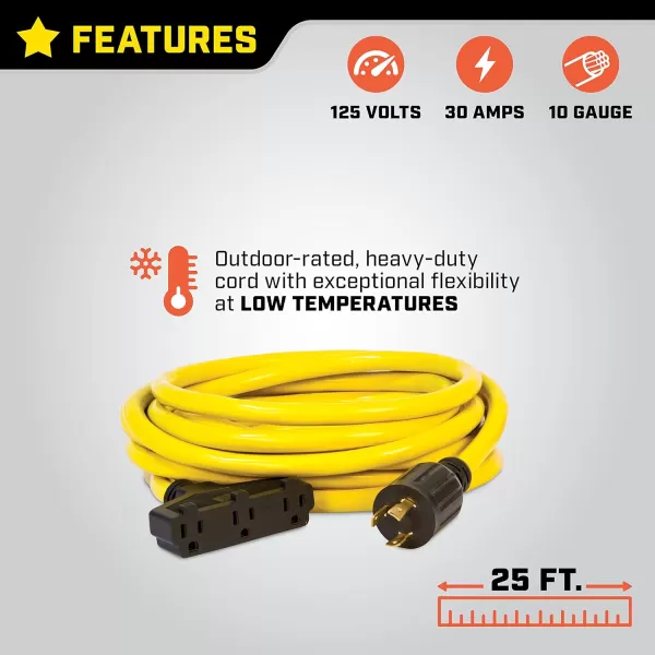 imageChampion Power Equipment 25Foot 30Amp 125Volt FanStyle Generator Extension Cord L530P to three 515R