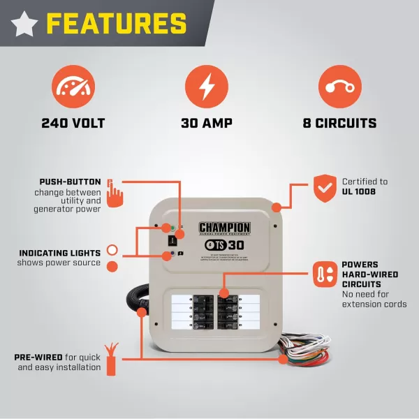 imageChampion Power Equipment 30Amp IndoorRated Manual Transfer Switch with 25Foot Generator Power Cord and WeatherResistant Power Inlet Box30Amp  25 ft cord