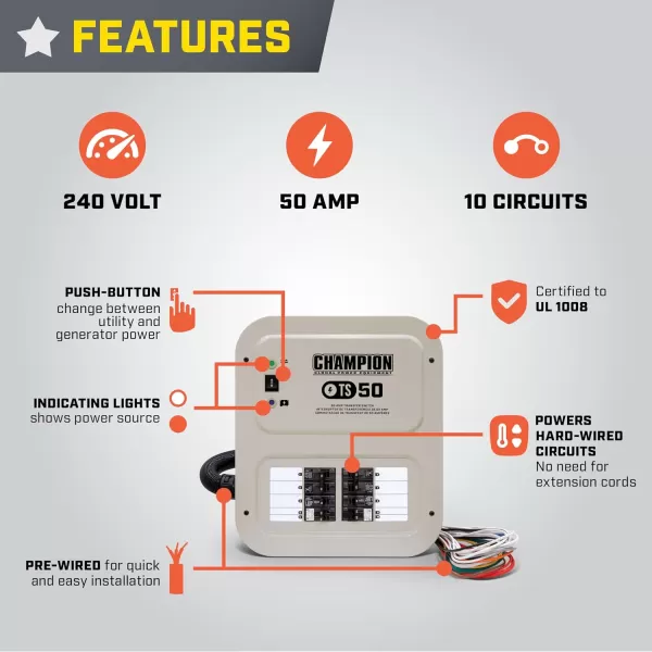 imageChampion Power Equipment 30Amp IndoorRated Manual Transfer Switch with 25Foot Generator Power Cord and WeatherResistant Power Inlet Box50Amp  30 ft cord