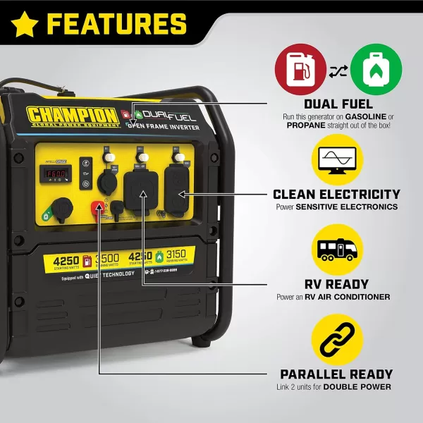 imageChampion Power Equipment 4250Watt Dual Fuel RV Ready Portable Open Frame Inverter Generator with Quiet Technology4250Watt  Dual Fuel