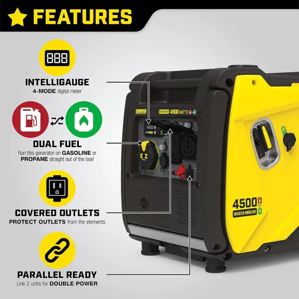 imageChampion Power Equipment 4500Watt RV Ready Portable Inverter Generator with Quiet Technology and CO Shield4500Watt  Dual Fuel  EZ Electric Start