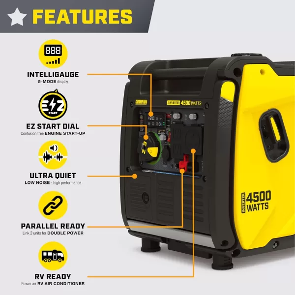 imageChampion Power Equipment 4500Watt RV Ready Portable Inverter Generator with Quiet Technology and CO Shield4500Watt  Gas  EZ Remote Start  CO