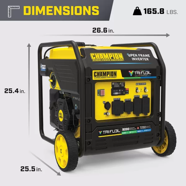 imageChampion Power Equipment 9000Watt Electric Start Tri Fuel Home Backup Portable Open Frame Inverter Generator with Quiet Technology and CO Shield9000Watt  TriFuel  Electric Start  CO