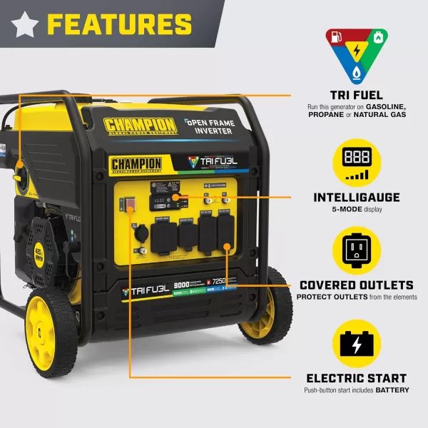 imageChampion Power Equipment 9000Watt Electric Start Tri Fuel Home Backup Portable Open Frame Inverter Generator with Quiet Technology and CO Shield9000Watt  TriFuel  Electric Start  CO