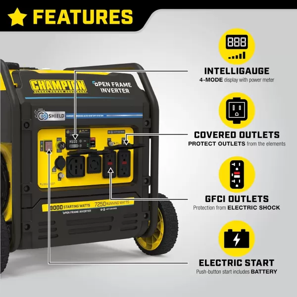 imageChampion Power Equipment 9000Watt Electric Start Tri Fuel Home Backup Portable Open Frame Inverter Generator with Quiet Technology and CO Shield9000Watt  Gas  Electric Start  CO