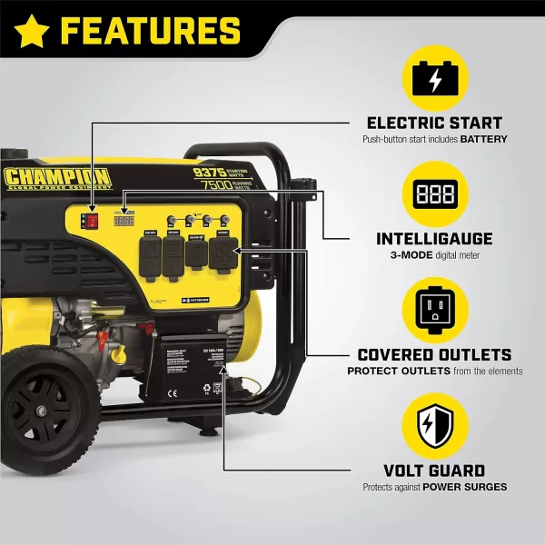 imageChampion Power Equipment 9375Watt Electric Start Dual Fuel Home Backup Portable Generator with and CO Shield93757500Watt  Gas  Electric Start