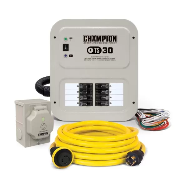 imageChampion Power Equipment 30Amp IndoorRated Manual Transfer Switch with 25Foot Generator Power Cord and WeatherResistant Power Inlet Box30Amp  25 ft cord