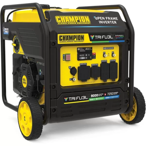 imageChampion Power Equipment 9000Watt Electric Start Tri Fuel Home Backup Portable Open Frame Inverter Generator with Quiet Technology and CO Shield9000Watt  TriFuel  Electric Start  CO