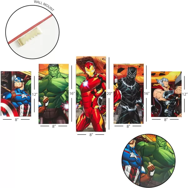 Idea Nuova Marvel Avengers Captain America, Hulk, Iron Man, Black Panther and Thor 5 Piece Canvas Printed Wall Art Décor Set, Overall 40" W x 20" H