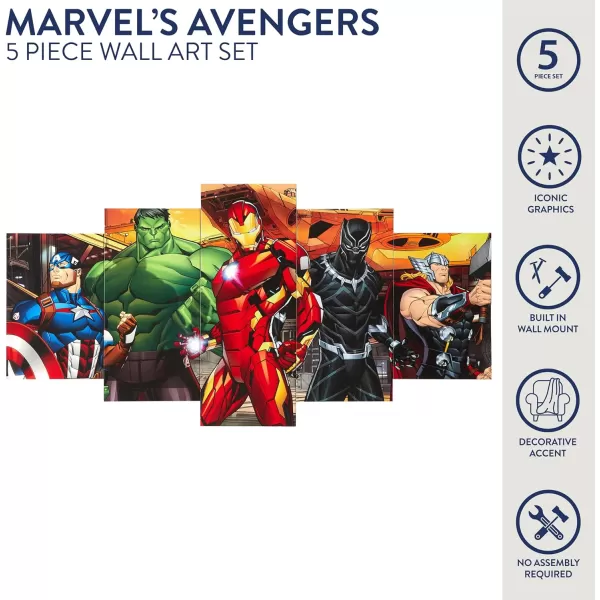 Idea Nuova Marvel Avengers Captain America, Hulk, Iron Man, Black Panther and Thor 5 Piece Canvas Printed Wall Art Décor Set, Overall 40" W x 20" H