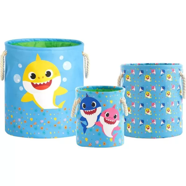 Idea Nuova Baby Shark 3 Piece Multi Size Fabric Nestable Toy Storage Basket Set, with Rope Carry Handles